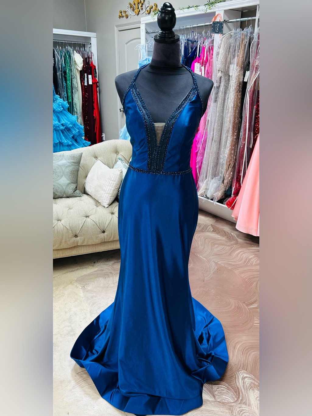 Morrell Maxie Sapphire Blue Beaded Halter Prom Gown